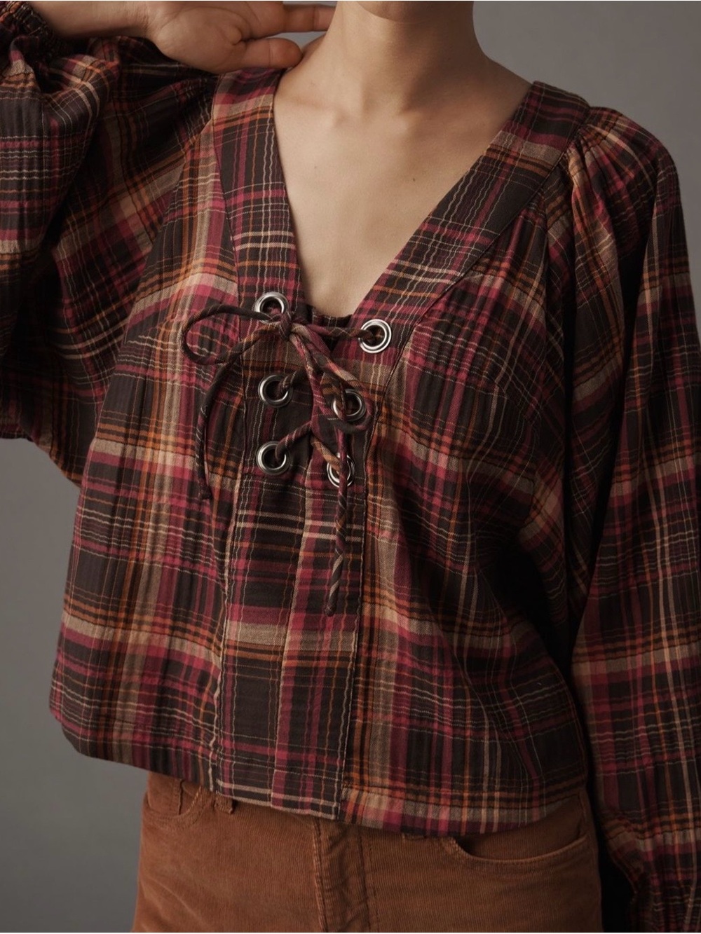 Anthropologie Lace-Up Plaid Tunic in Burgundy and Brown